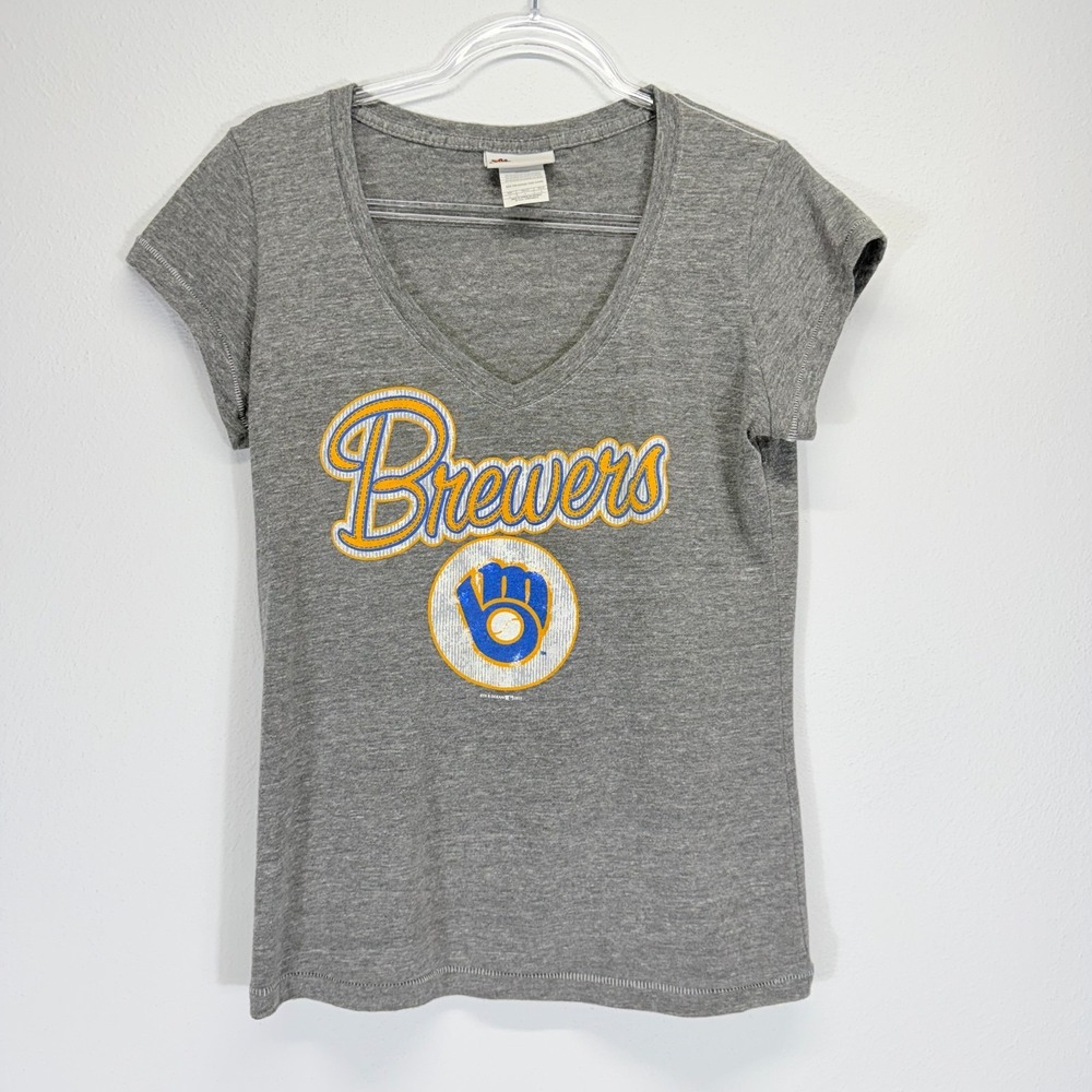 5th & Ocean Womens MLB Milwaukee Brewers V-Neck Graphic Gray Tee Shirt Size L